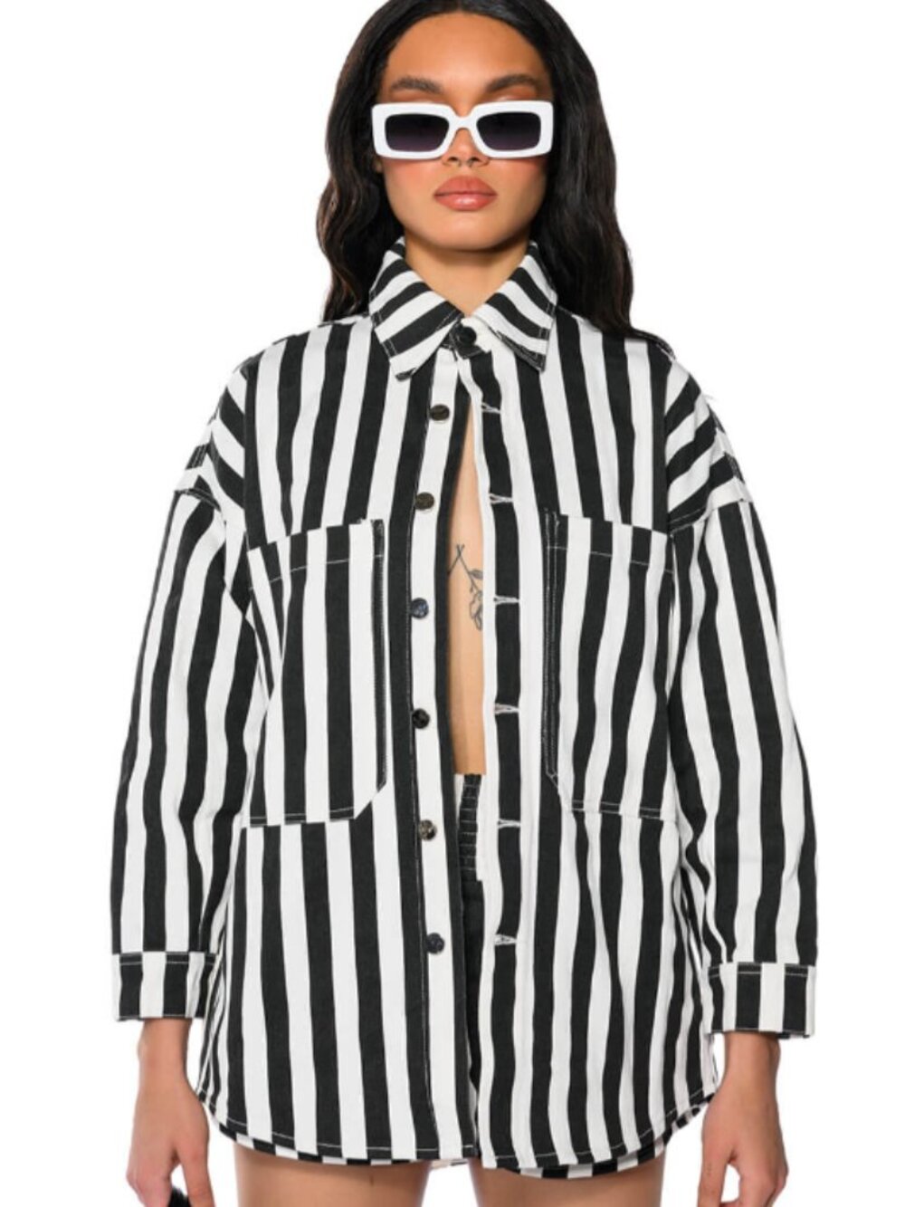Akira Black and White Stripe Denim Shacket Shirt Jacket, M